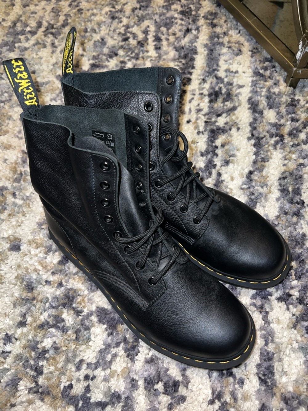Dr. Martens Black Leather Combat Boots with Yellow Stitching